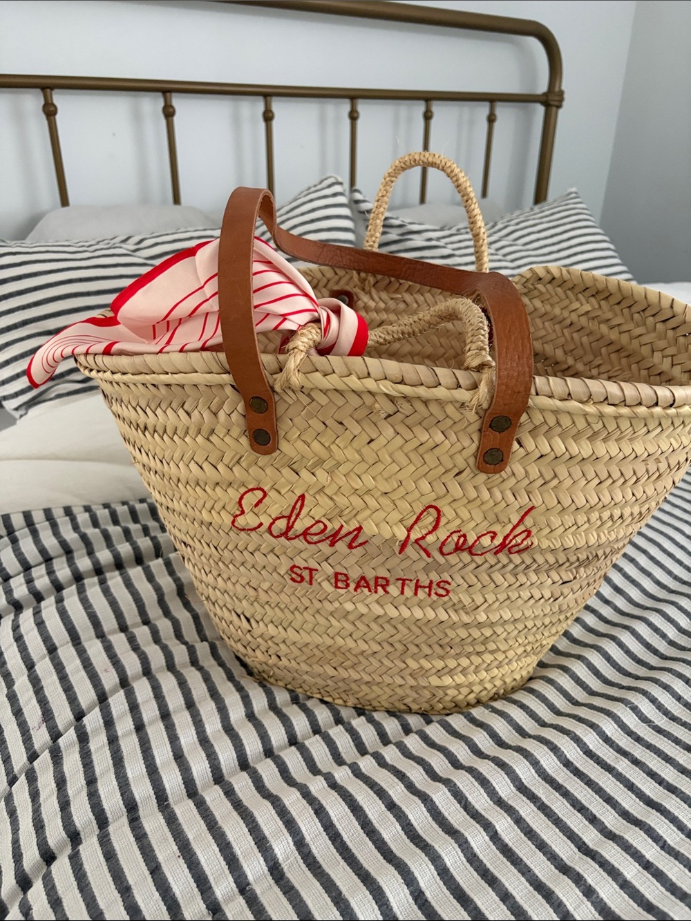 Natural Straw Tote with Red Embroidery